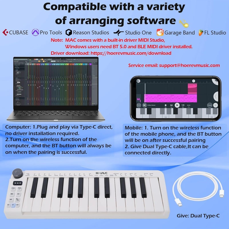 M-VAVE 25 Keys Mini Keyboard – Professional Beat Maker and Keytar for Keyboard Music Production Builtin Battery Wireless Connect White - Image 3